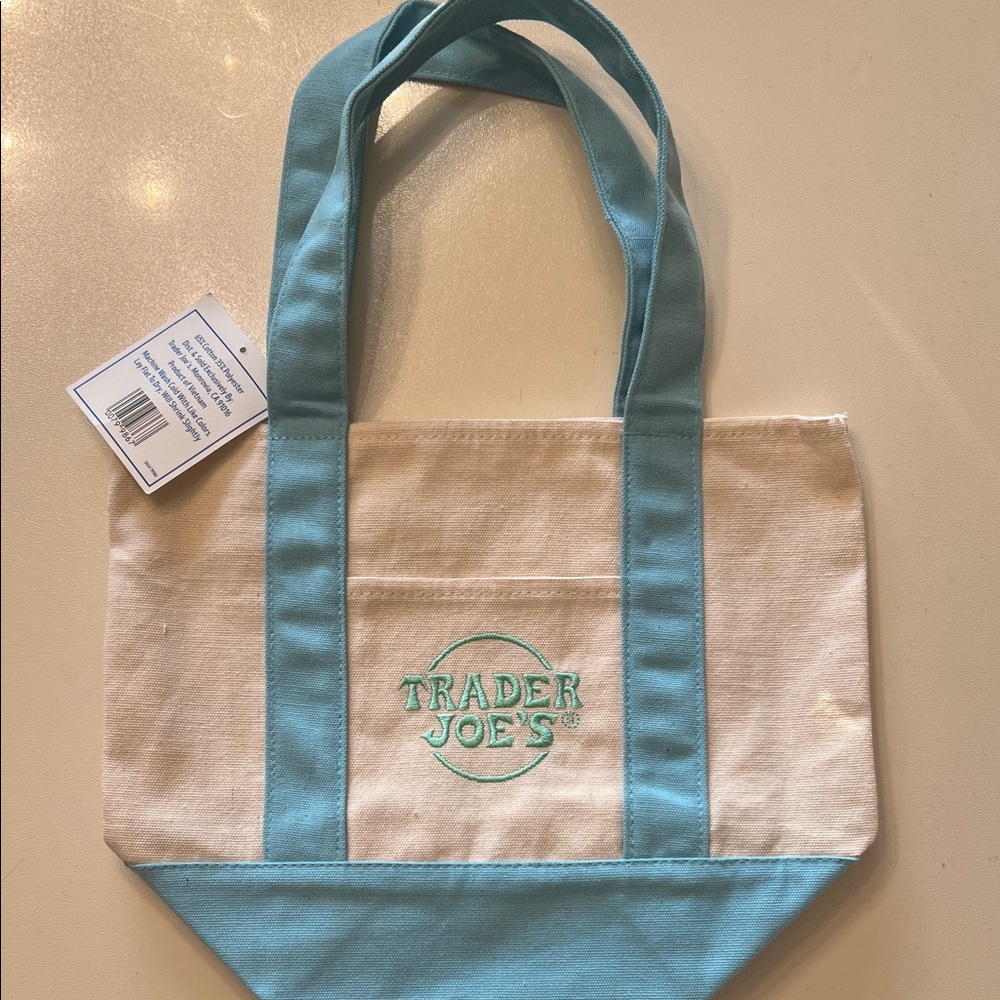 Trader Joe's Aqua and Cream mini Canvas Tote Bag